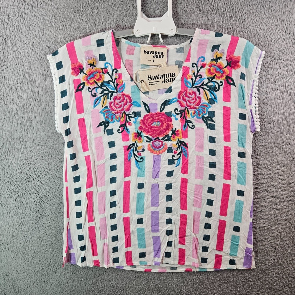 NEW‎ Savanna Jane Oversized Top Blouse Women Small Embroidered Multicolor